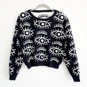 Lizette Collection Black & White Cropped Sweater Eye Print Size XL